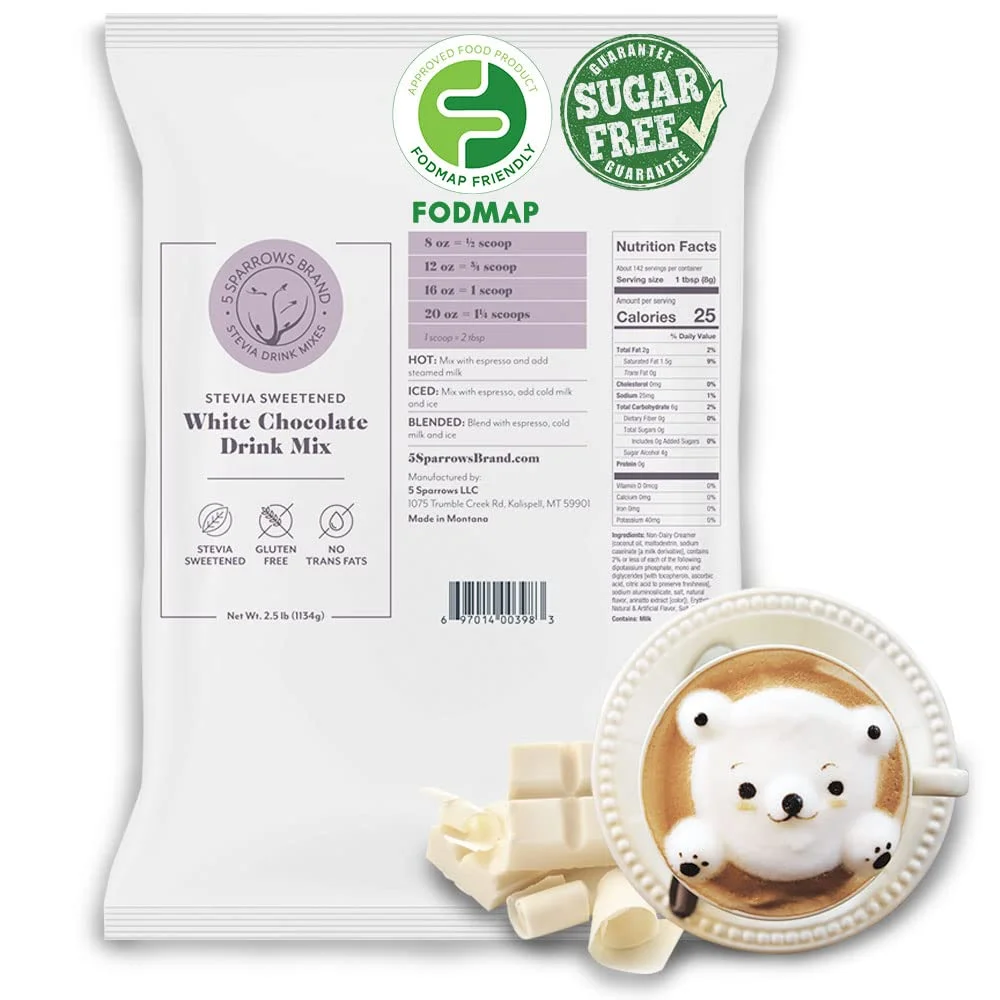 5 SPARROWS Sugar-Free White Chocolate Flavored Drink Mix- Stevia, Keto Friendly, Low FODMAP - No Sugar Coffee Creamer, 40 oz (2.5lb)