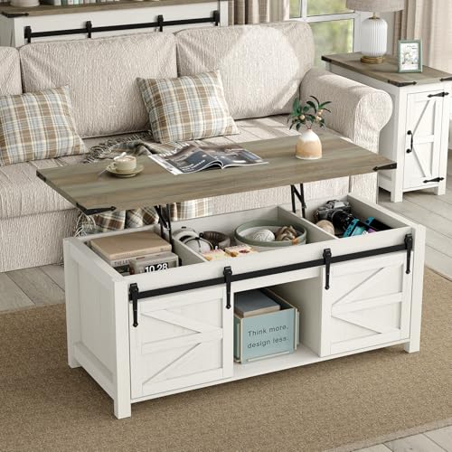 47.3''Lift Top Coffee Table, Farmhouse Center Table with Large Storage & Sliding Barn Doors, Modern Rectangular White Cocktail Table for Living Room, Grey Top