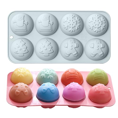 Christmas Chocolate Round Silicone Molds, Christmas Tree Snowflake Snowman Shape Half Sphere Circle Silicone Molds for Hot Chocolate Bomb, Candy Mini Soap, Cake, Jelly, Pudding, and Jello (8-Cavity)