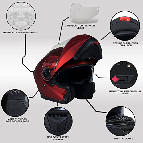Milwaukee Helmets MPH9817DOT Breeze Red Advanced Motorcycle Modular Helmet Biker w/Drop Down Visor - Large