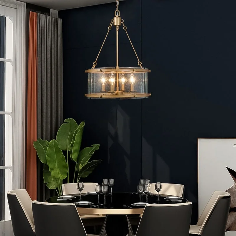 Mid-century Modern 4-light Drum Chandelier Seeded Glass Fixture for Dining Room - D16.9'' x H82''