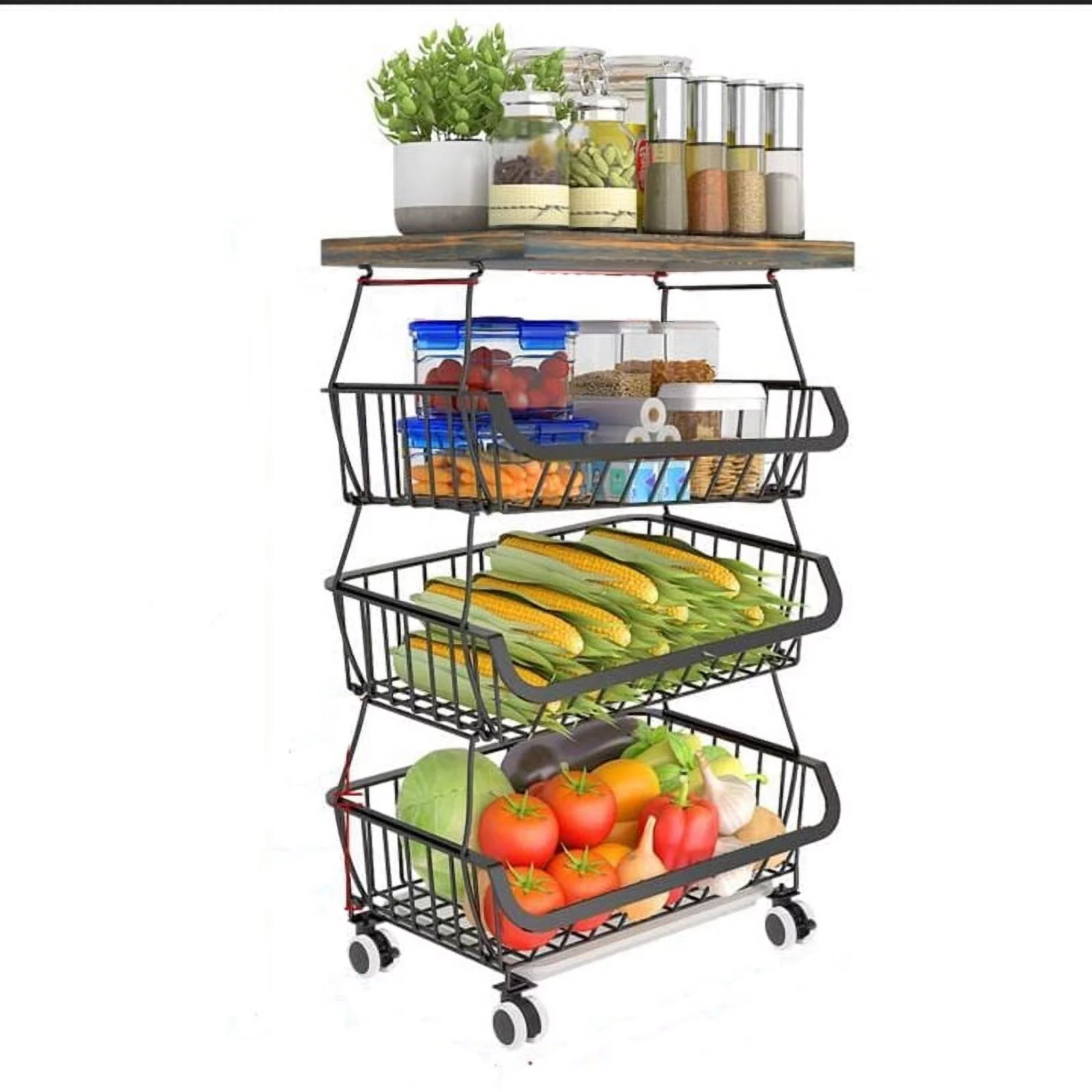 Luosen 4 Tier Fruit Vegetable Basket for Kitchen, Stackable Fruit and Vegetable Storage Trolley, Vegetable Organiser, Product Basket, Metal Wire Storage Baskets with Wheels, Black