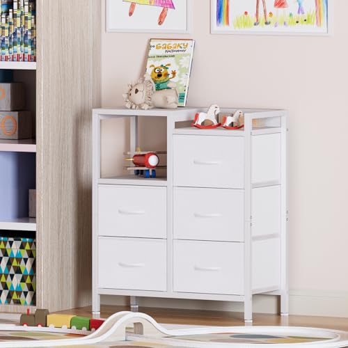 Furnulem 5 Drawer Black Dressers for Bedroom 2 Tier Shelf Storage Small Fabric Dresser for Closet Sturdy Metal Frame Modern Style Storage Cabinets Organization Units for Hallway Rooms