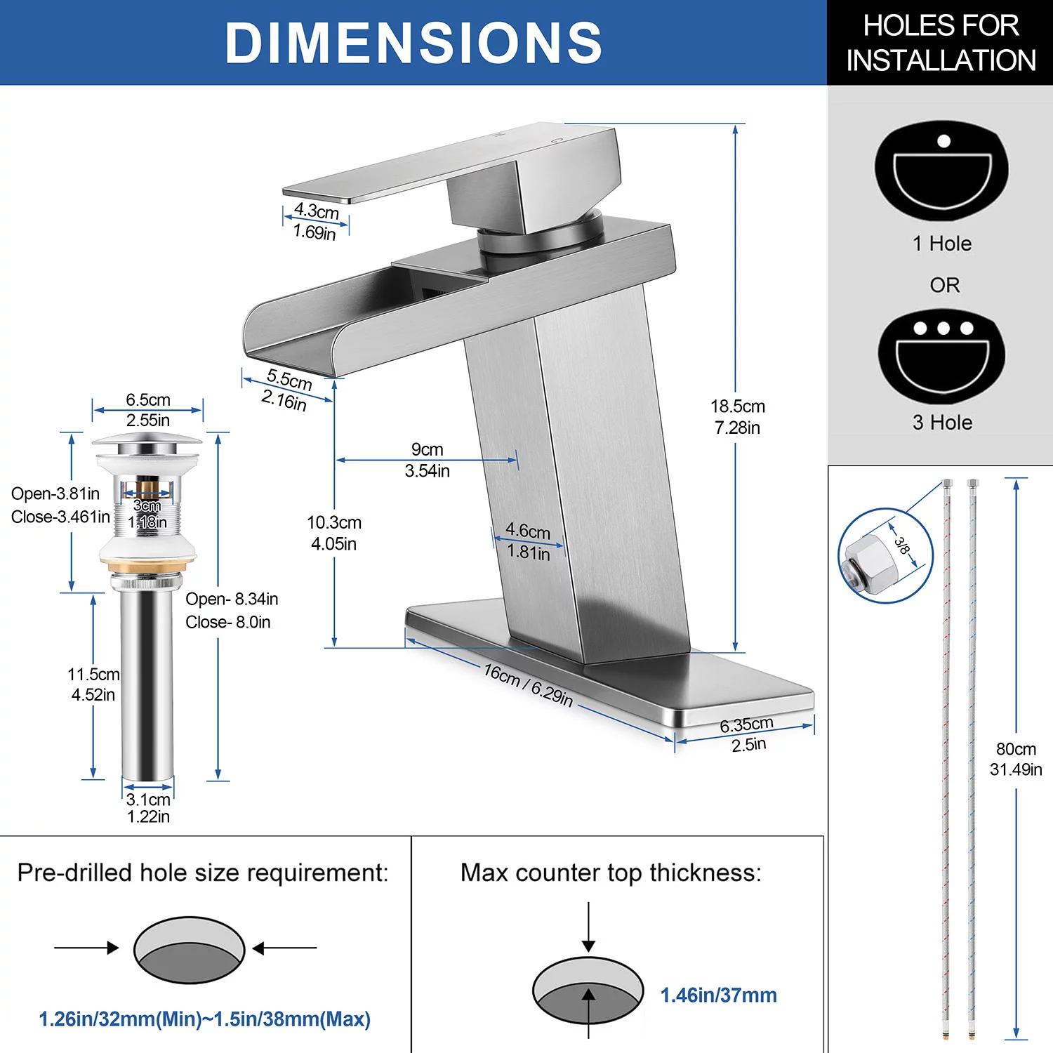Vesteel Bathroom Faucet, Modern Waterfall Spout Bathroom Sink Faucet for 1 & 3 Holes Sink, Single Handle Faucet with Metal Deck Plate and Pop-up Drain