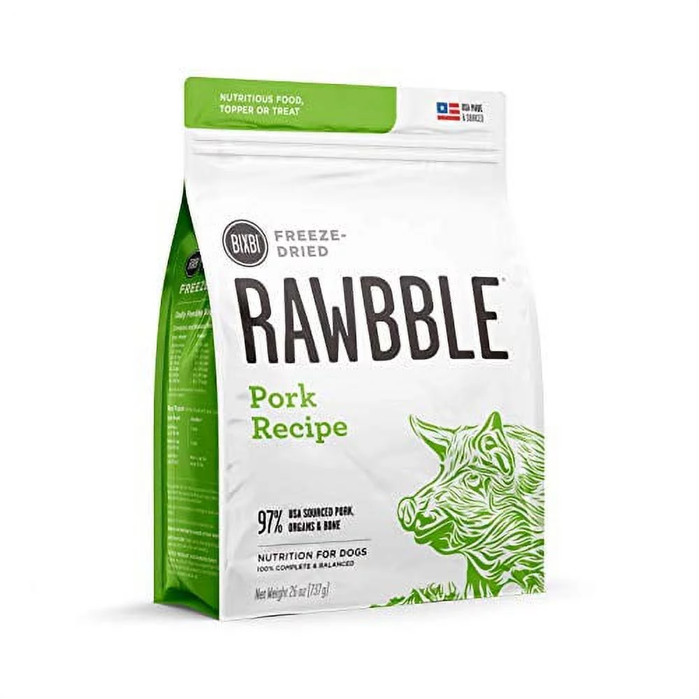 BIXBI Rawbble Freeze Dried Dog Food, Pork Recipe, 26 Oz - 97% Meat and Organs, No Fillers - Pantry-Friendly Raw Dog Food for Meal, Treat Or Food Topper - USA Made in Small Batches