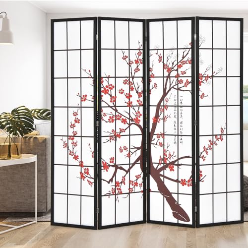 GOFLAME Japanese Style 4 Panel Room Divider, 6ft Folding Shoji Screen Room Partition with Plum Blossom Design, Solid Wood Frame, Freestanding Wall Divider, Indoor Room Separator for Home Office