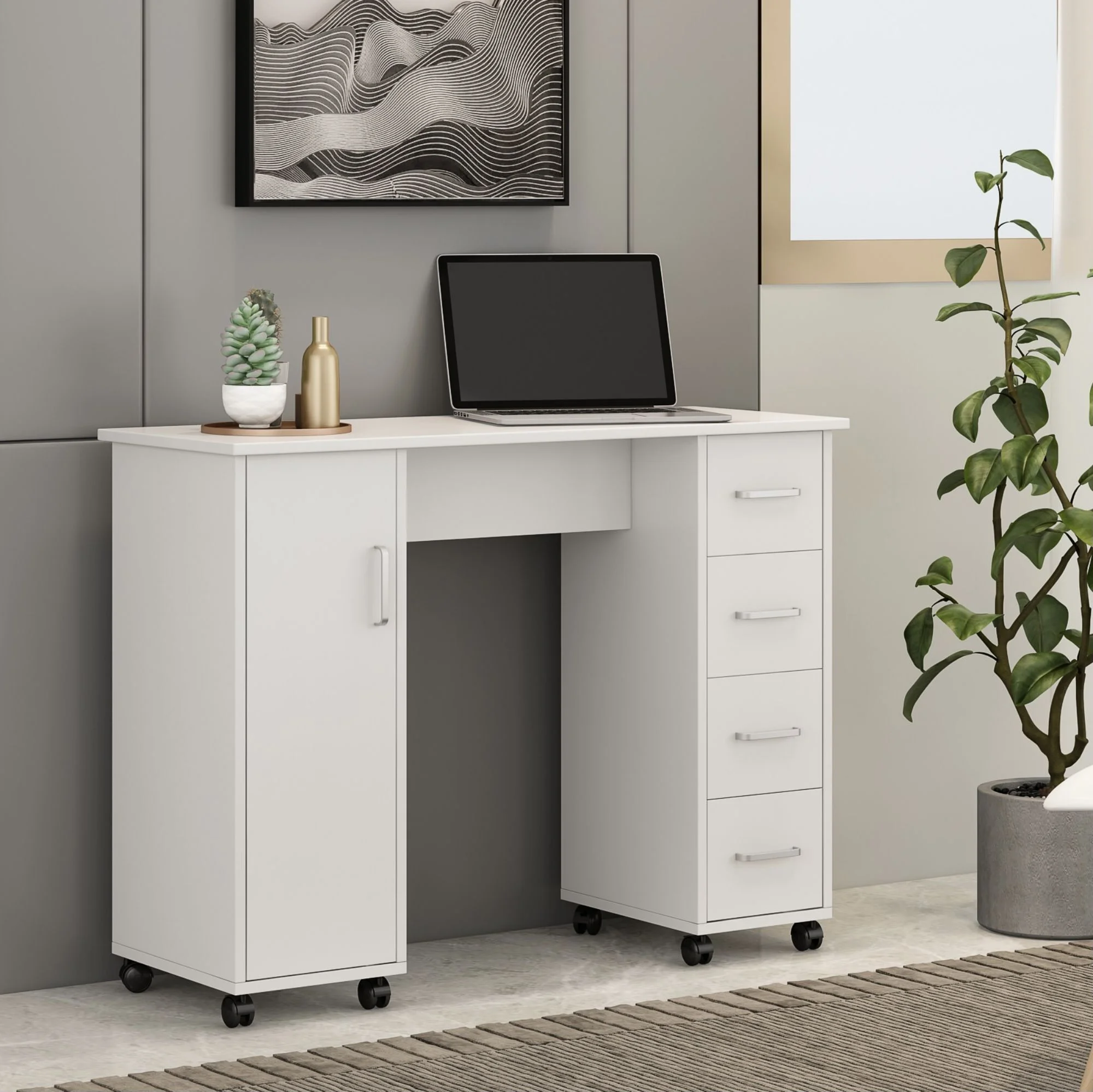 Momspeace Computer Desk with Multiple Drawers and Locker for Home and Office - White