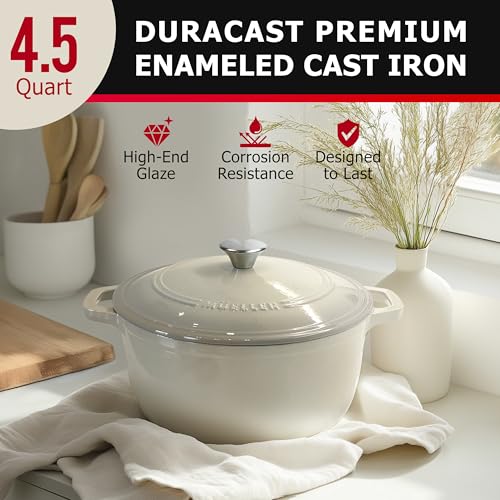 Mueller 6qt Enameled Cast Iron Dutch Oven, Heavy-Duty Casserole and Braiser Pan with Lid and Knob, Oven-Safe up to 500° F & Across All Cooktops, White