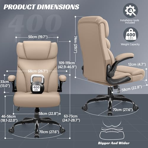 Office Chair, Ergonomic Big and Tall Computer Desk Chairs, Executive Breathable Leather Chair with Adjustable High Back Flip-up Armrests, Lumbar Support Swivel PC Chair with Rocking Function