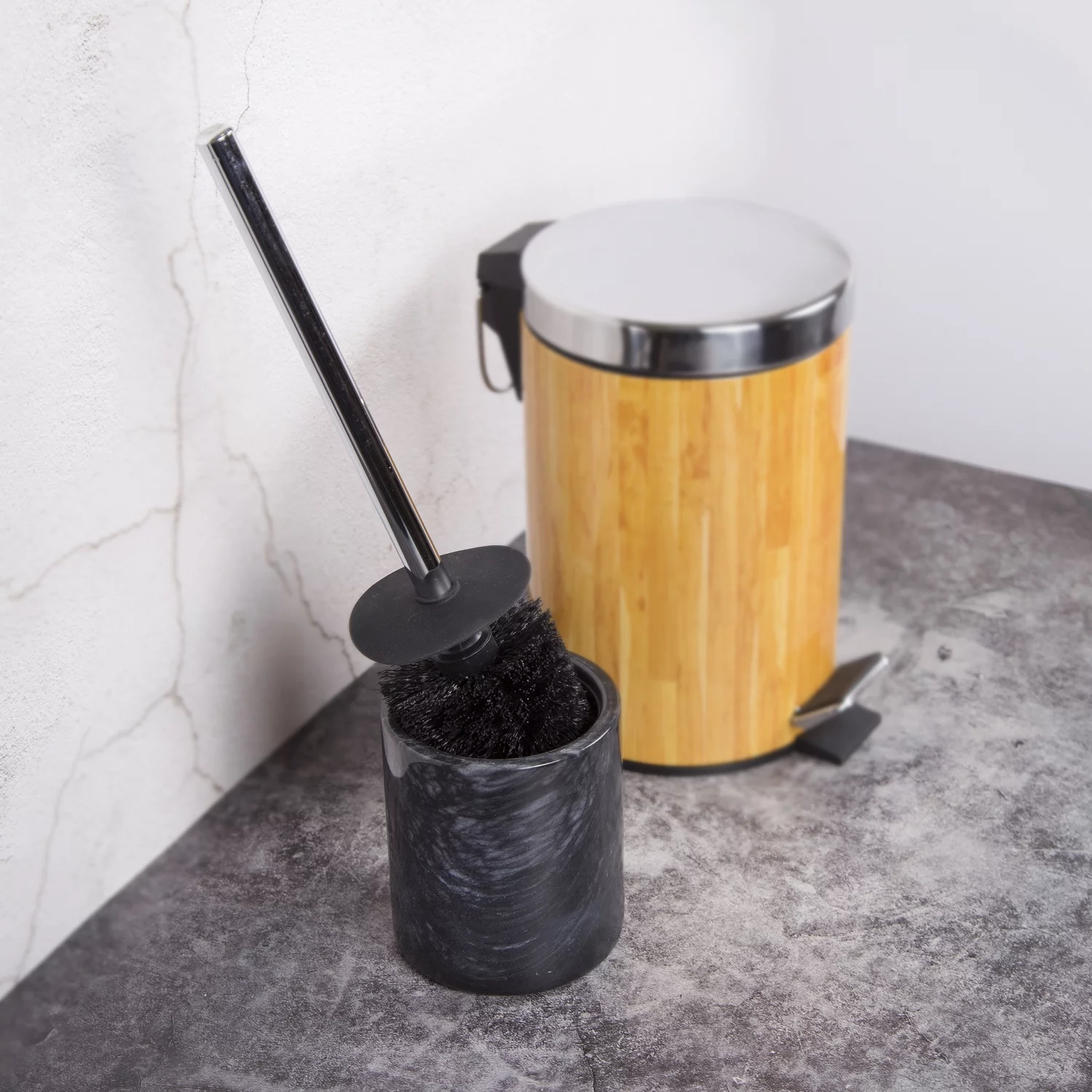Creative Home Genuine Black Marble Toilet Brush Holder Set with Silicone Cover