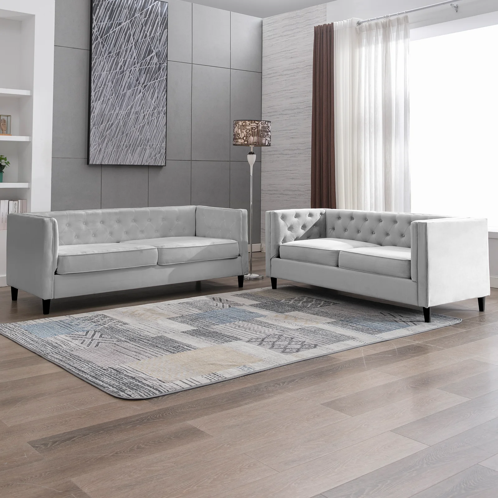 BALUS Modern Velvet Sofa Set，Loveseat and 3 Seater Sofa Couch Set, Livingroom Set, Button Tufted Couch for Big Spaces, Upholstered Sofa for Living Room Apartment Office - Light Gray