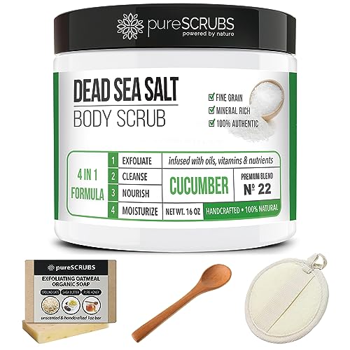 pureSCRUBS Premium Eucalyptus Body Scrub Set - Large 16oz Dead Sea Salt Body Scrub With Infused Essential Oils & Nutrients, Includes Wooden Spoon, Loofah & Oatmeal Exfoliating Bar Soap
