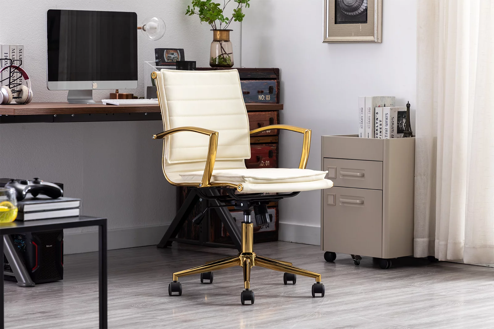 Guyou Faux Leather Swivel Office Chair, Modern Wide Seat Adjustable Height Computer Desk Chair with Backrest and Wheels, Ergonomic Task Chair Conference Chair with Armrests and Gold Metal Base, Beige