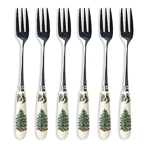 Spode Christmas Tree Teaspoons – Set of 6, Holiday Silverware for Desserts & Beverages, Stainless Steel Flatware with Porcelain Handles, 6-Inch Festive Dessert Spoons, Gift-Boxed