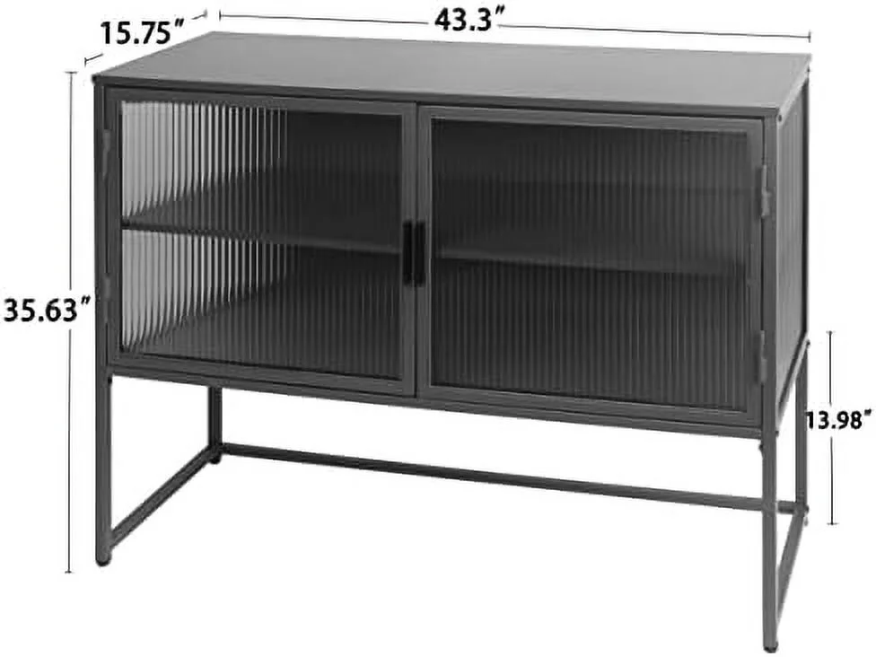 TJUNBOLIFE Retro Style Fluted Glass Sideboard  Cabinet Simple Modern Console Table Detachable Wide Shelves Enclosed Dust-Free  Bottom Space for Living Room Bathroom Dining Room Black