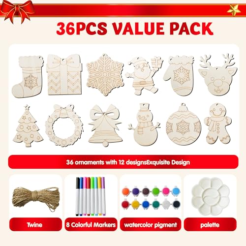 JOYIN 60 Pcs Christmas Wooden Hanging Ornaments Craft Kits, Unfinished Blank Wood Ornaments to Paint for Kids, Xmas Arts Crafts Bulk, DIY Decorations Coloring Making Set School Activities(Age 8+)