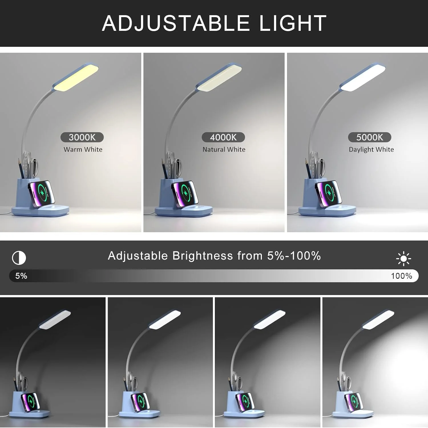 Hansang LED Desk Lamp with Wireless Charger Pen Holder, 3 Color Modes Dimming Blue Desk Light for College Dorm Room