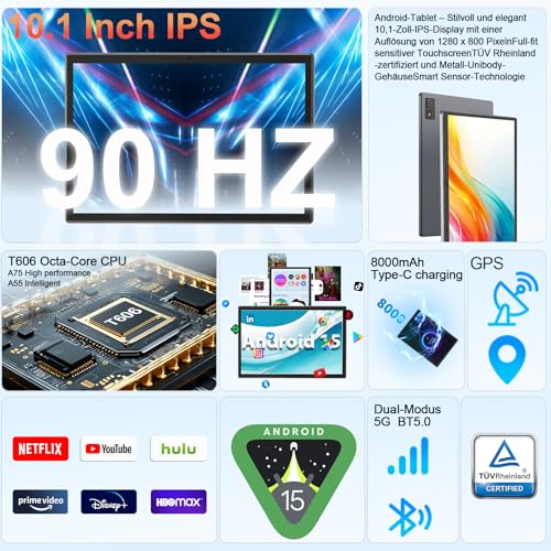 Android 15 Tablet with Keyboard, 16GB（8+8）RAM+256 Storage(Expand to 2TB), 8000mAh Battery, Widevine L1,10 Inch 2-in-1 Tablets with 5G/2.4G WiFi, BT5.0, GMS Certified, with Mouse, Case, Stylus（Black）