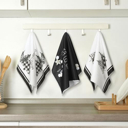 Geyoga 6 Pcs Merry Christmas Kitchen Towels Buffalo Plaid Xmas Tree Dish Towels Hand Towel Tea Towel Absorbent Soft Drying Cloth for Holiday Housewarming Gifts, 16x24 Inch(Gray White)