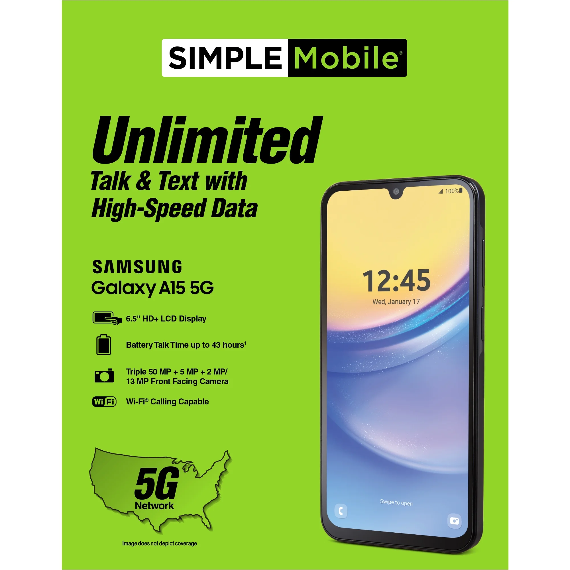 Simple Mobile Samsung Galaxy A15, 128GB, Black - Prepaid Smartphone