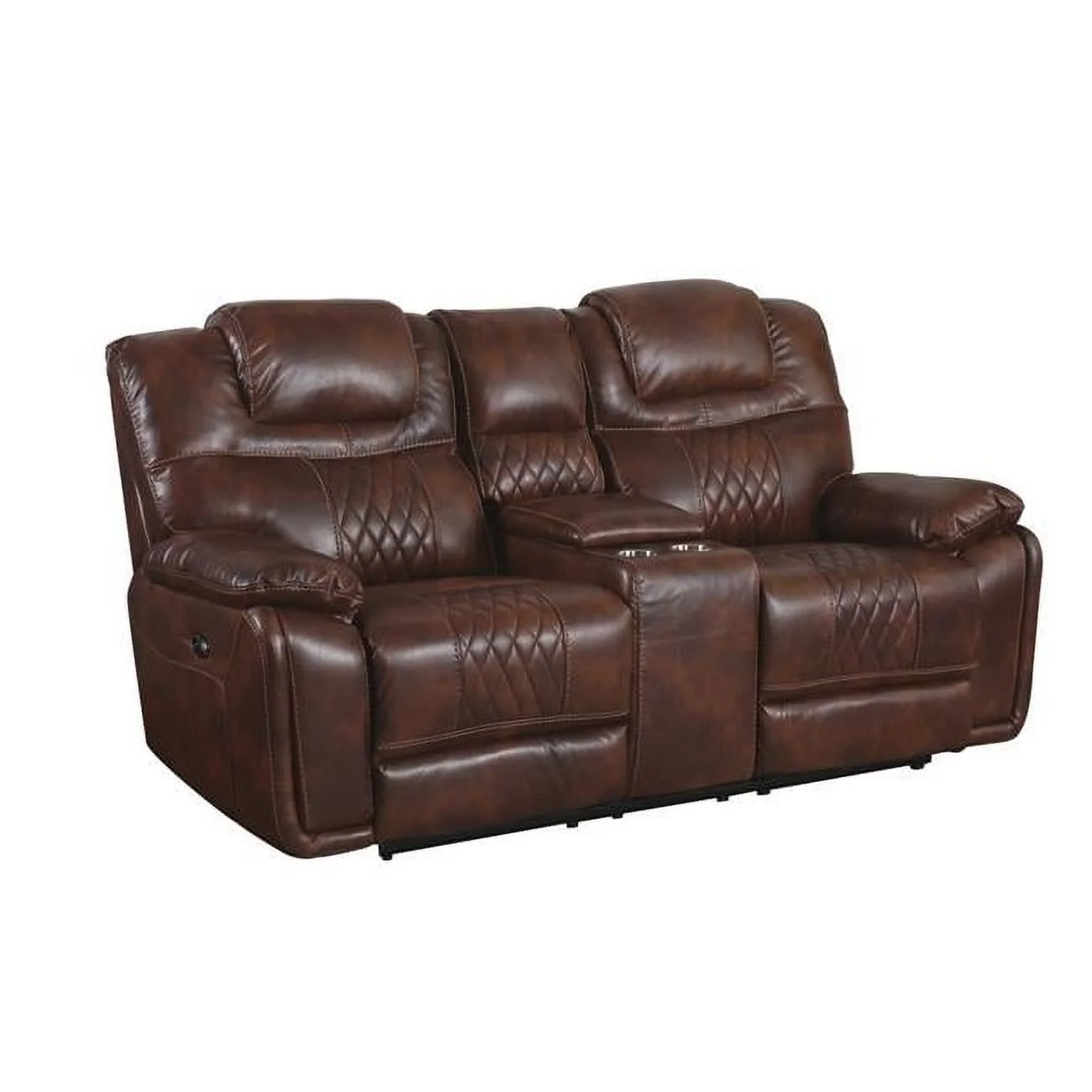 Diamond Power Dual Reclining Loveseat & Center Console with Cup Holders Brown Leather Gel