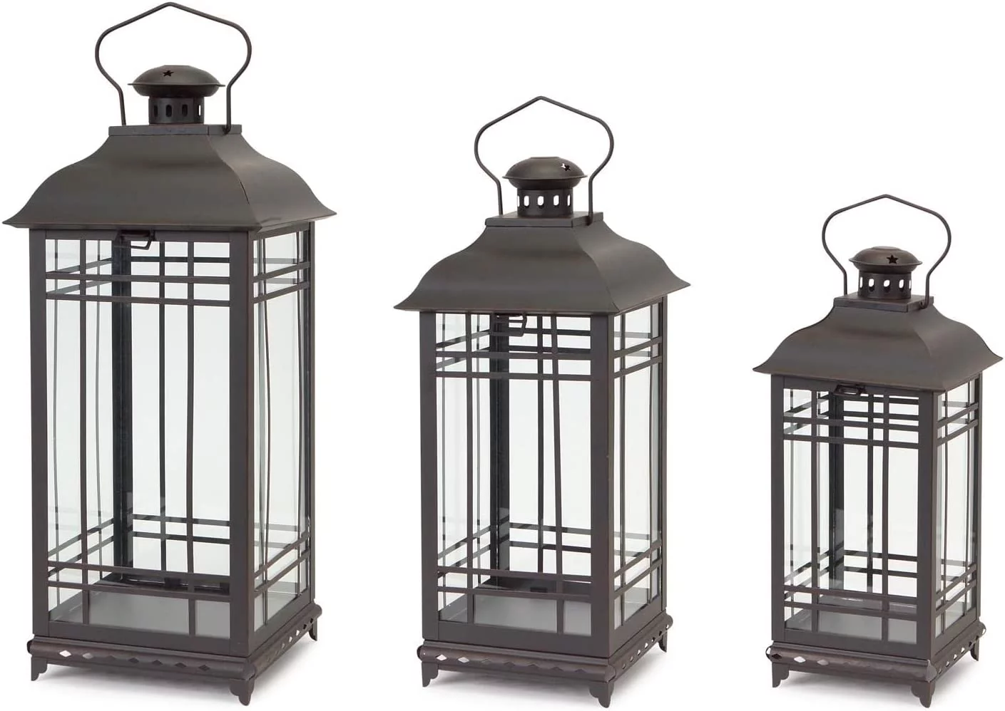 Decorative Hanging Metal and Glass Outdoor Porch Deck Patio Home Room Décor Lantern Candle Holder Lights, (Set of 3)