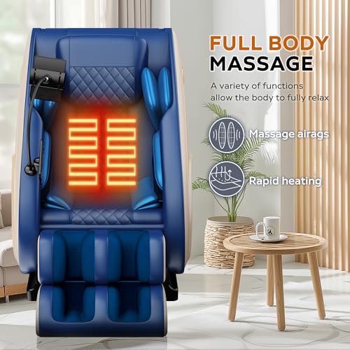 Massage Chair with Zero Gravity, Full Body Massage Chair Recliner with Airbags, Heating, Bluetooth Speaker, Foot Roller, Touch Screen, Gold