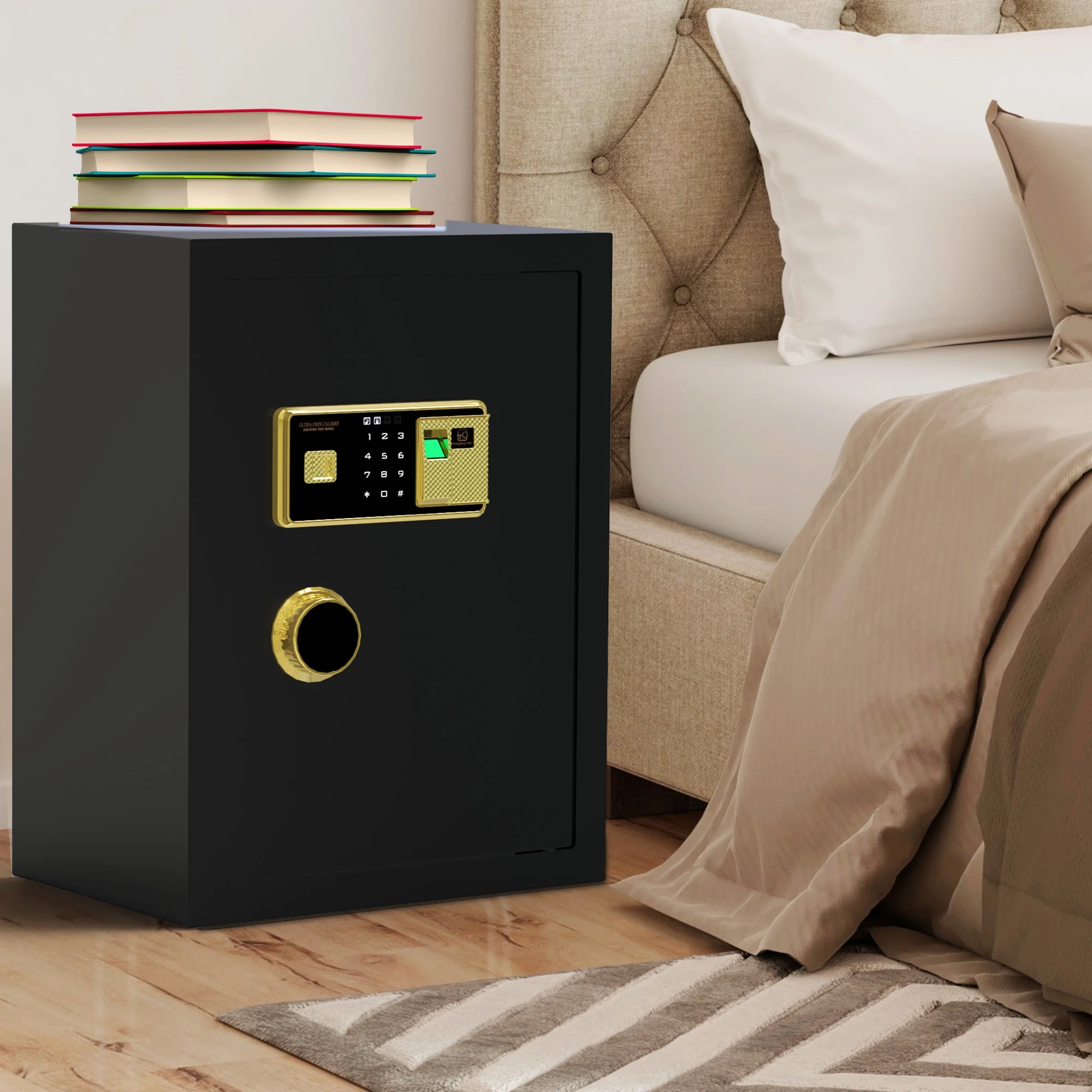 Dextrus Large Security Safe Box, 3 CU.FT Fingerprint Safe Box with Digital Keypad,Water and Fire Resistant bag and Adjustable Shelves for Documents and Valuables in Homes, Offices, and Hotels - Black