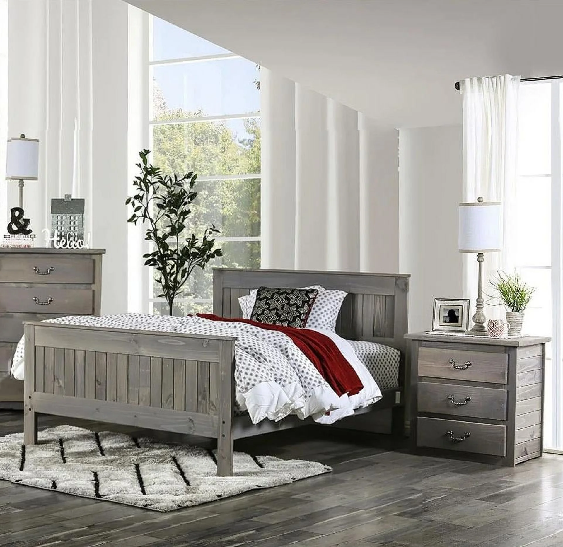 Rustic Weathered Gray Pine Wood Queen Bedroom Set 3pcs FOA AM7973 Rockwall