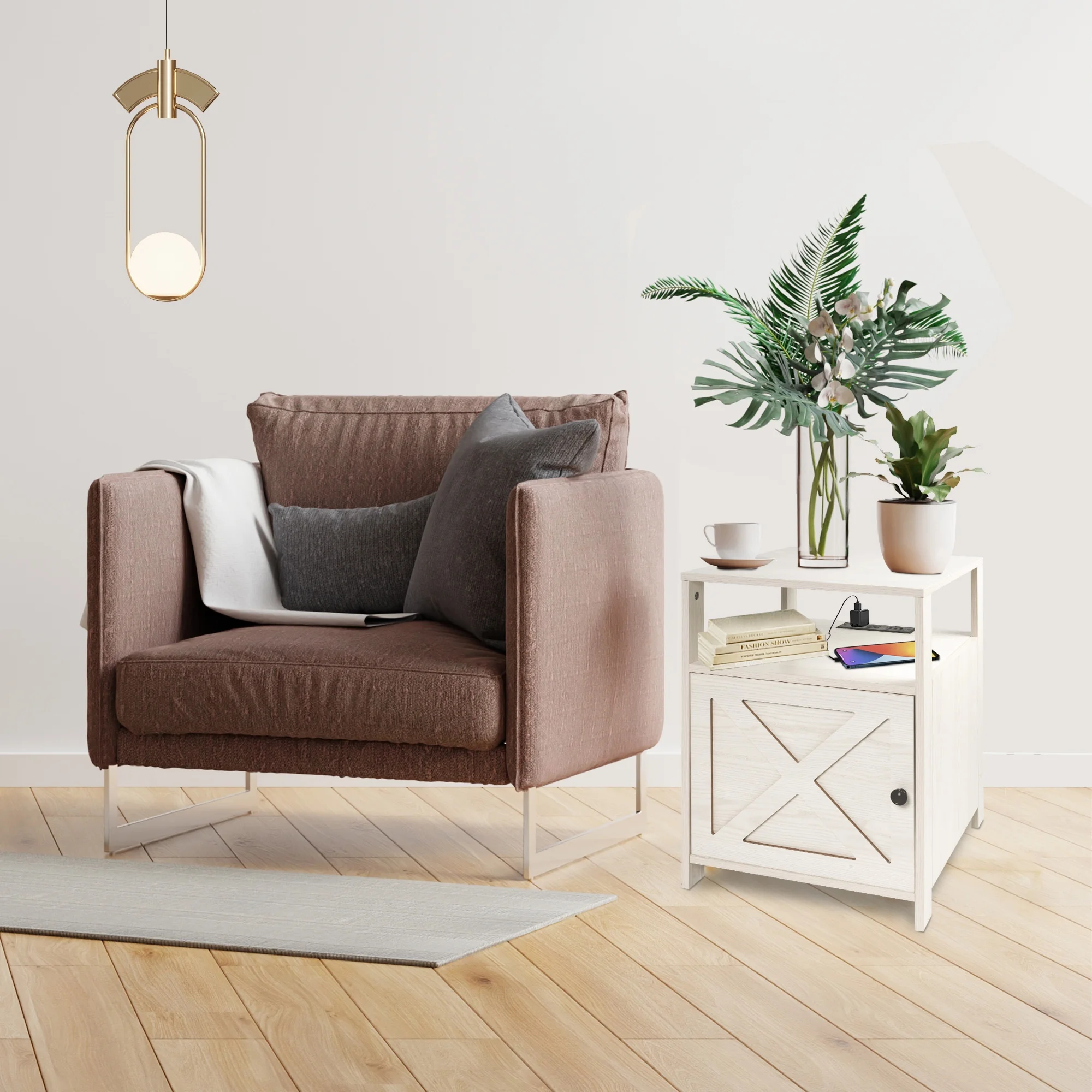 Modern Nightstands with Charging Station, White Wooden Sofa Side Storage Stand Cabinet Set of 2, Large Capacity of Storage End Table with Open Storage, Small Side Table for Bedroom Living Room