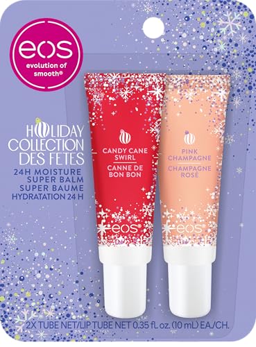 eos Holiday 24H Moisture Mini Super Balm Set, Sugar Plum Spritz, Candy Cane Swirl, Iced Sugar Cookie, Limited Edition Lip Care, Stocking Stuffers, 0.24 fl oz, 3-pack