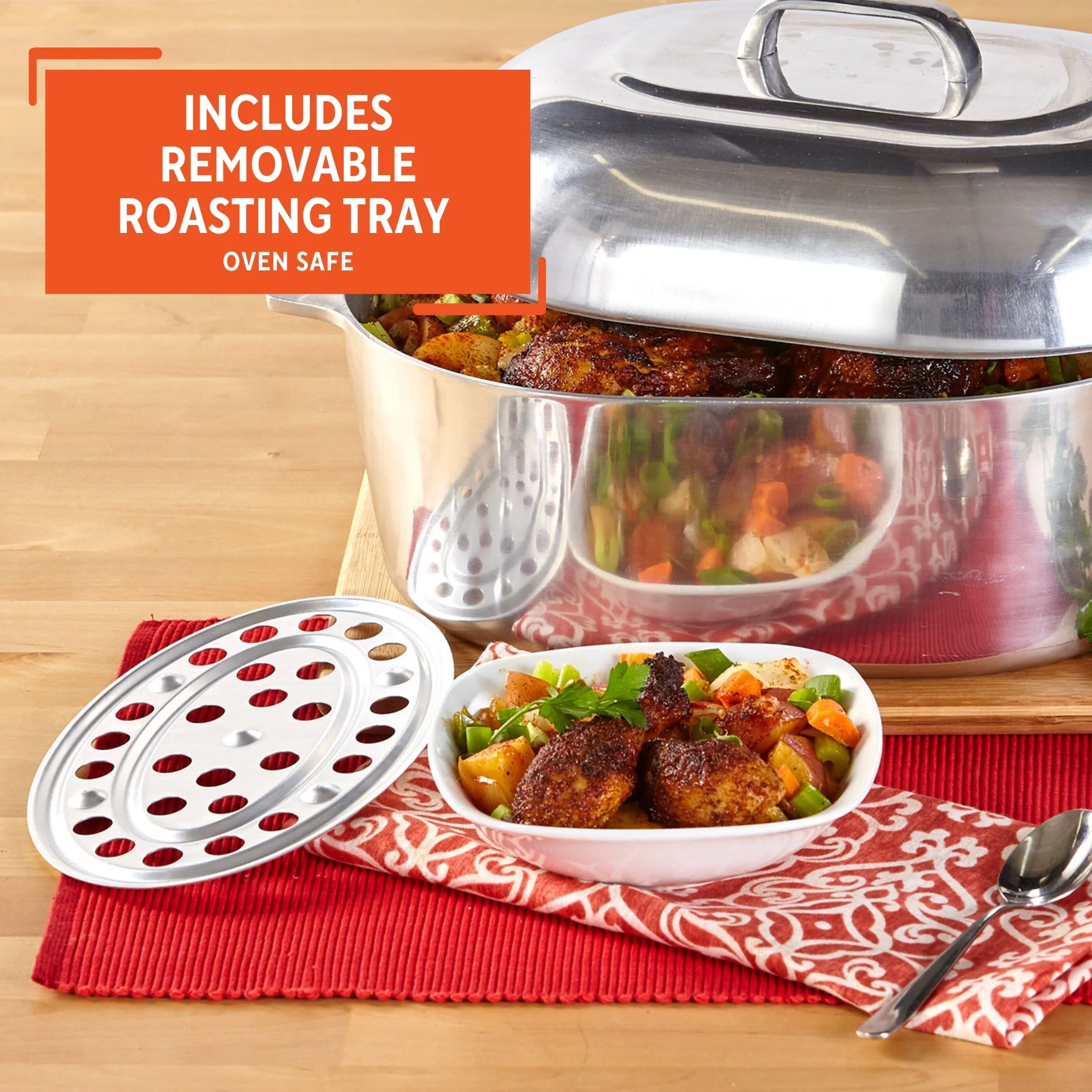 Imusa 15 inch Cajun Oval Heavy Duty Cast Aluminum Roaster Pan with Lid and Roasting Tray, 1 Count