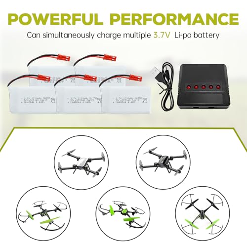 MJX 5PCS 3.7V 1200mAh 30C Lipo Battery with 5in1 Charger JST Plug for T04 T05 T25 V2400HD V2450FPV V2450GPS X900 X9TW RC Quadcopters
