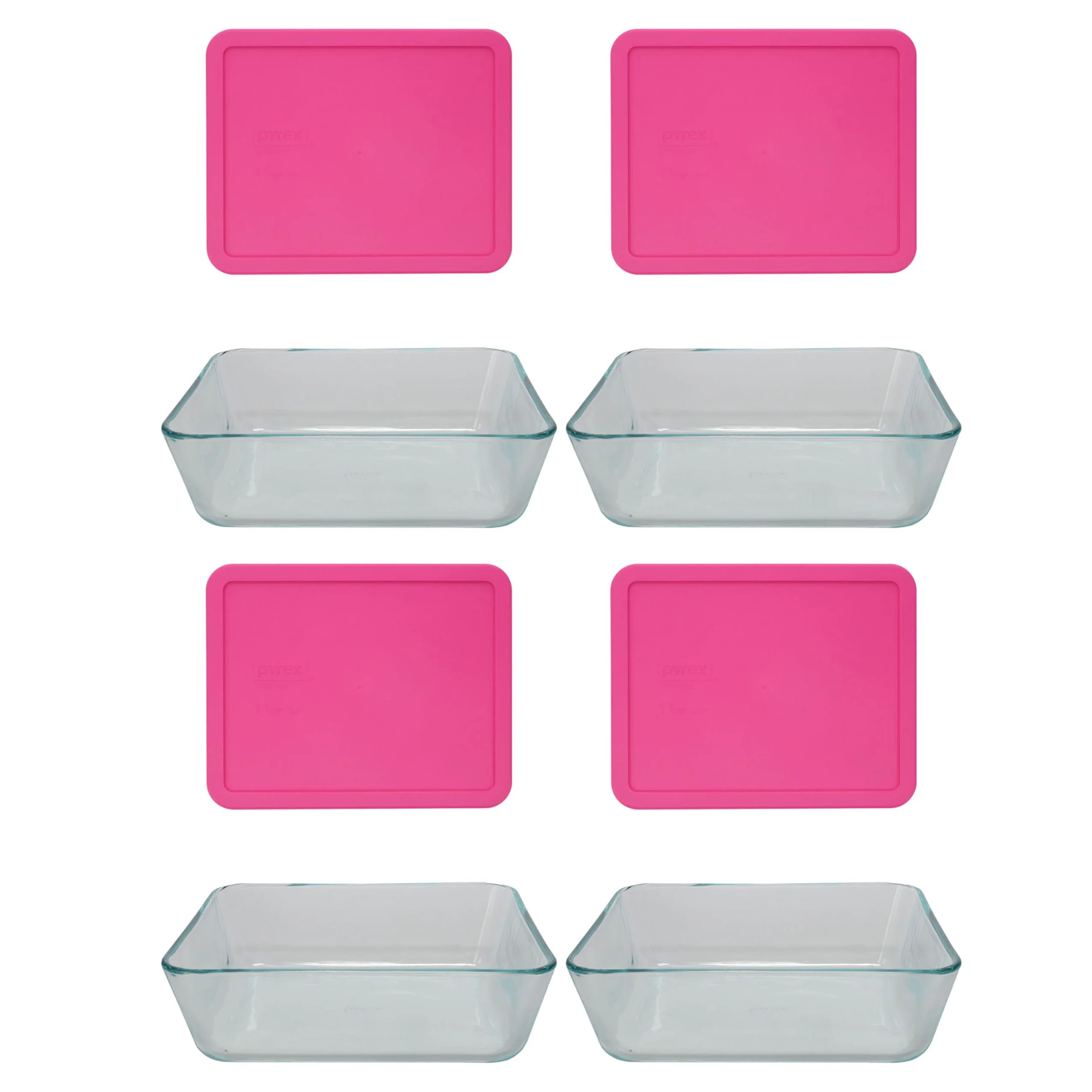 Pyrex 7212 11-Cup Rectangle Glass Food Storage Dish with 7212-PC Berry Pink Plastic Lid (4-Pack)