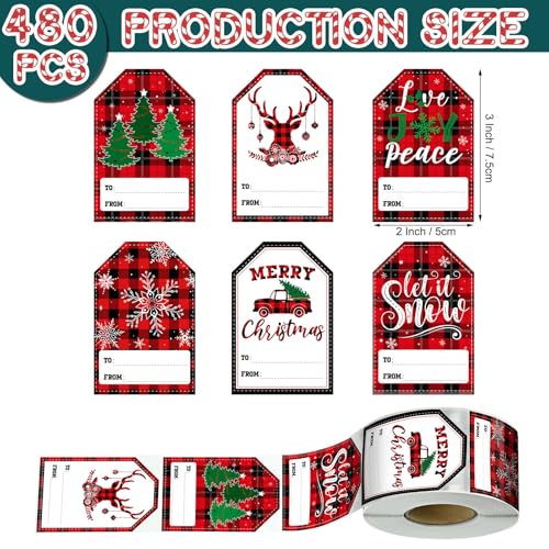 480 Pcs Christmas Gift Tag Stickers Self Adhesive Christmas Name Labels Buffalo Plaid Present Stickers Labels Xmas to and from Tag for Holiday Present Box Gift Wrapping Supplies(Classic Pattern)