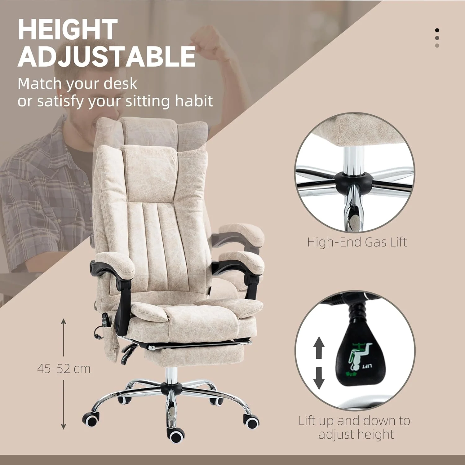 Microfiber Office Chair, High Back Computer Chair With 6 Point Massage, Heat, Adjustable Height And Retractable Footrest, Cream White
