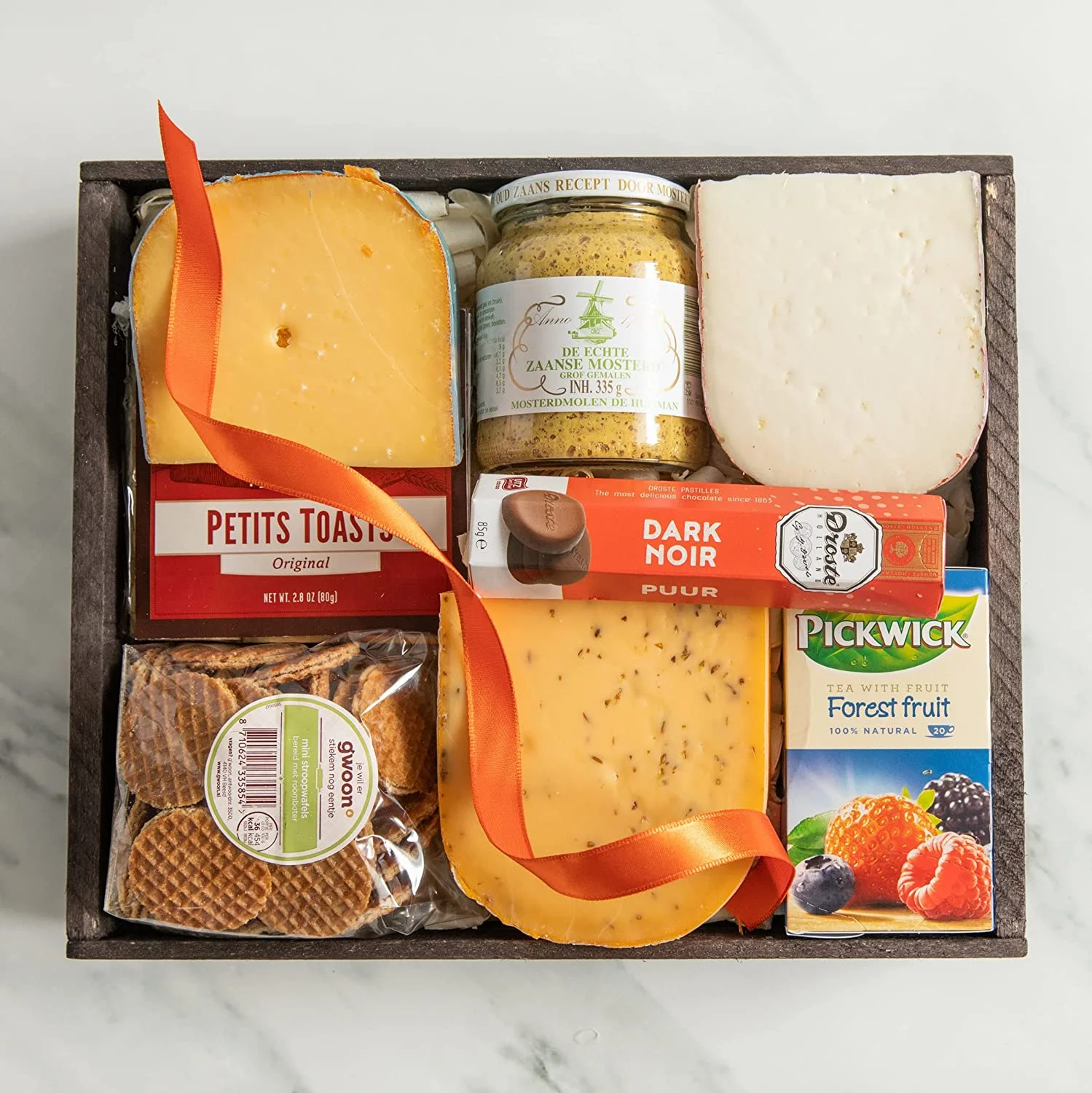 Dutch Classic Gourmet Gift Basket - Filled with Gouda, Dorothea and Leyden Cheeses, Dutch Mustard, Crackers, Tea, Chocolate, and Waffles