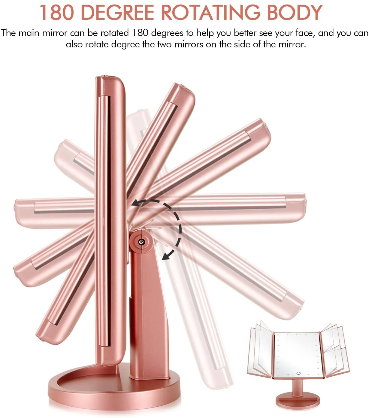 Flymiro Tri-fold Lighted Vanity Makeup Mirror with 3x/2x Magnification,21 LEDs Light and Touch Screen,180 Degree Free Rotation Countertop Cosmetic Mirror,Travel Makeup Mirror (Rose Gold)