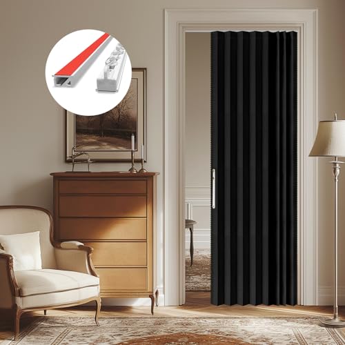 100% Blackout Accordion Door Curtain Invisible Folding Door Accordion Doors Interior Magnetic Door Curtain for Bedroom Living Room Doorway Curtain Sets Included Tracks (1Panel, 43W x 79 L, Grey)