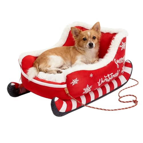 Christmas Sleigh Dog Beds | Christmas Themed Pet Sleigh Bed | Holiday Plush Pet Beds | Interesting Red Christmass Cat DogBeds, Washable Comfort, for Indoor Outdoor Use