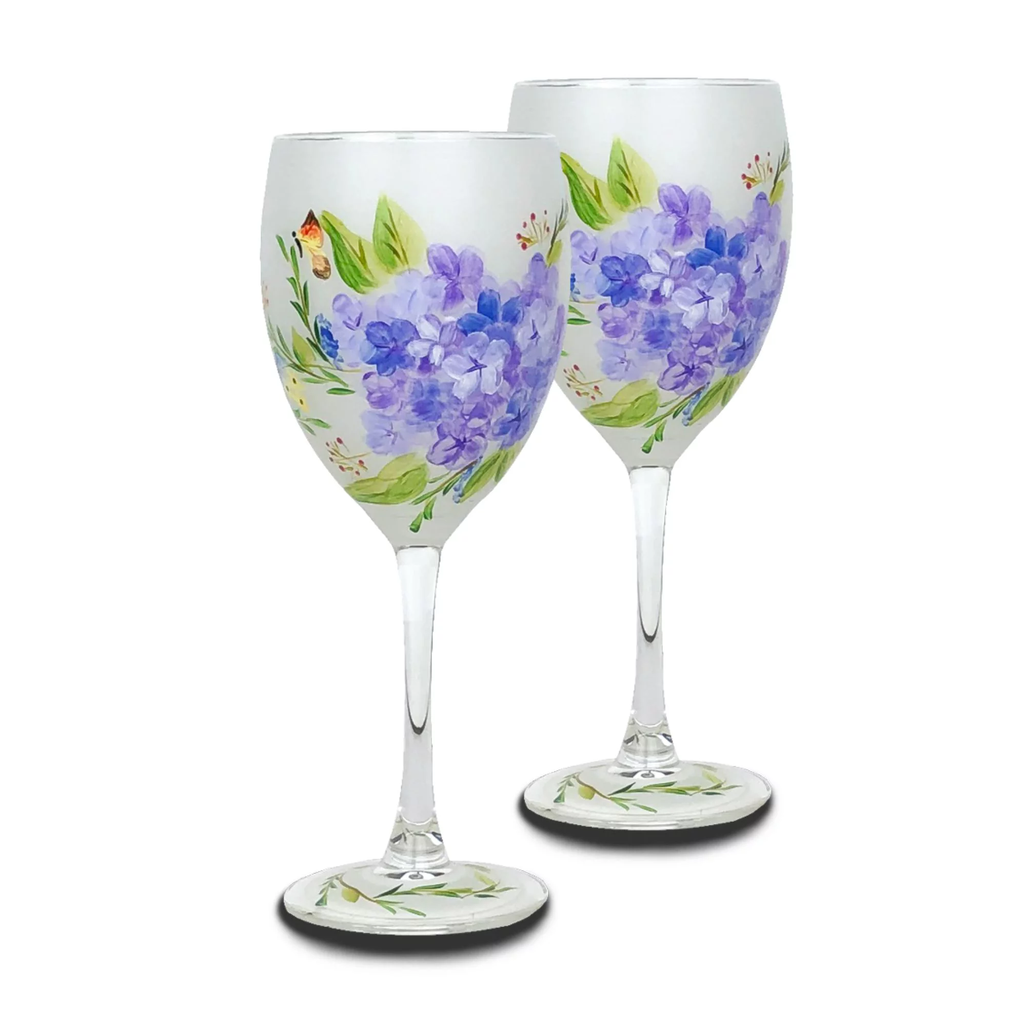 Crafted Creations Set of 2 White and Blue Floral Hand Painted Wine Glass 10.5 oz.