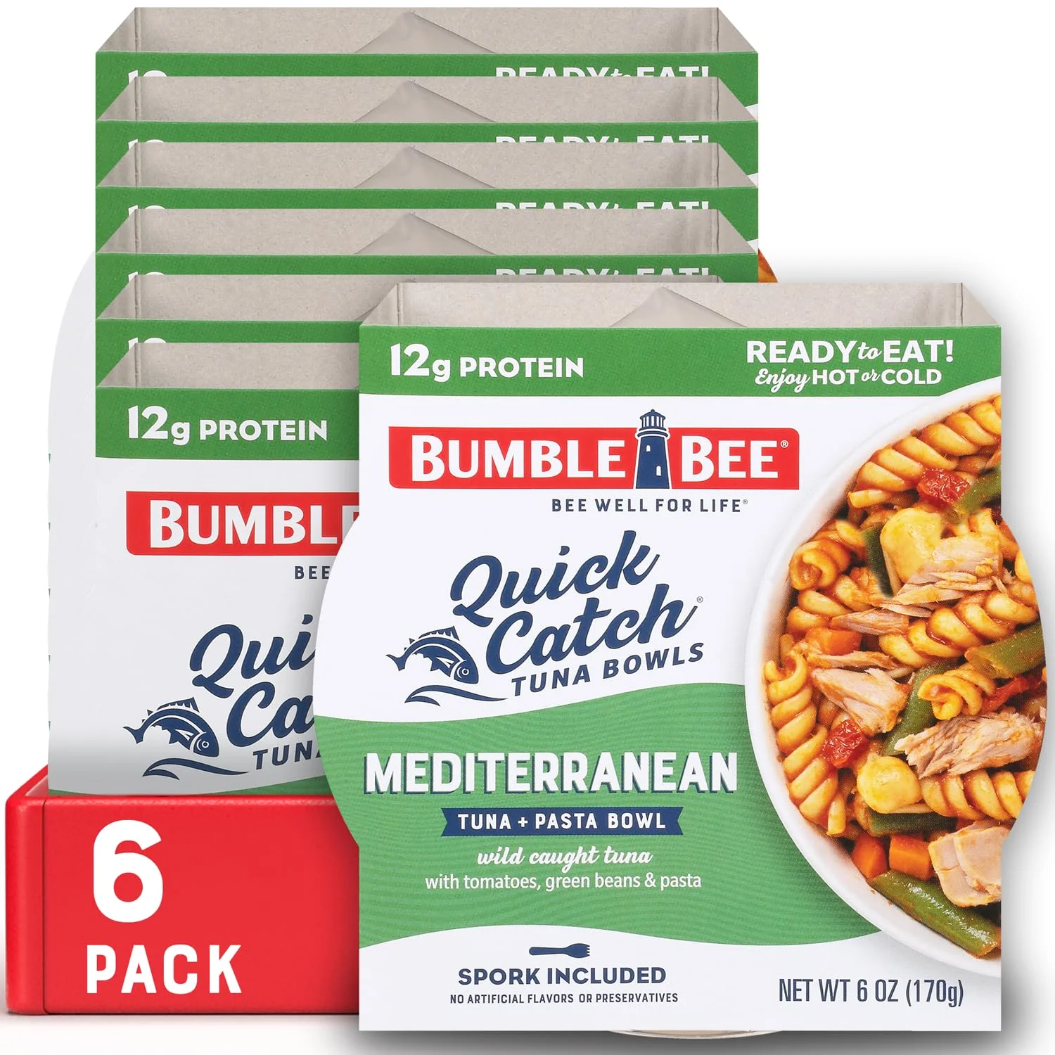 Bumble Bee Quick Catch Mediterranean Pasta, Wild Caught Tuna And Pasta Bowl, 6 Oz (Pack Of 6) - Ready To Enjoy, Spork Included - 14G Protein Per Serving - No Artificial Flavors - Good Source Of Fiber