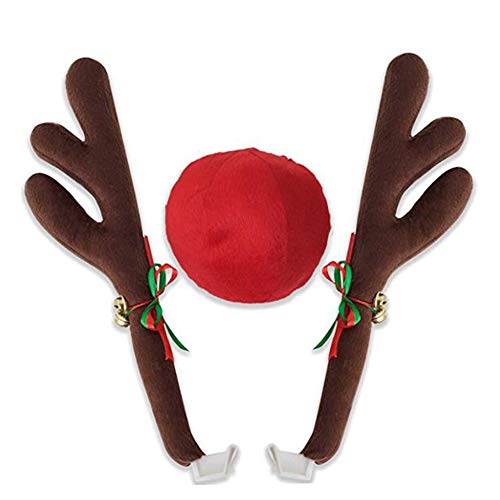 Christmas Reindeer Antlers Car Decoration Kit Plush Rudolf Auto Reindeer and Red Nose Set with Jingle Bells - Best Chrictmas Gift Choice