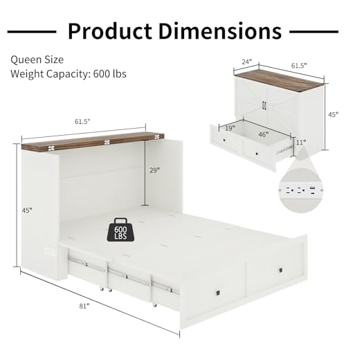 Queen Size Murphy Bed with Charging Station, Cabinet Bed with Large Storage Drawer for Home Office or Small Room, Hideaway Full Foldable Platform Bed, Barnwood+White