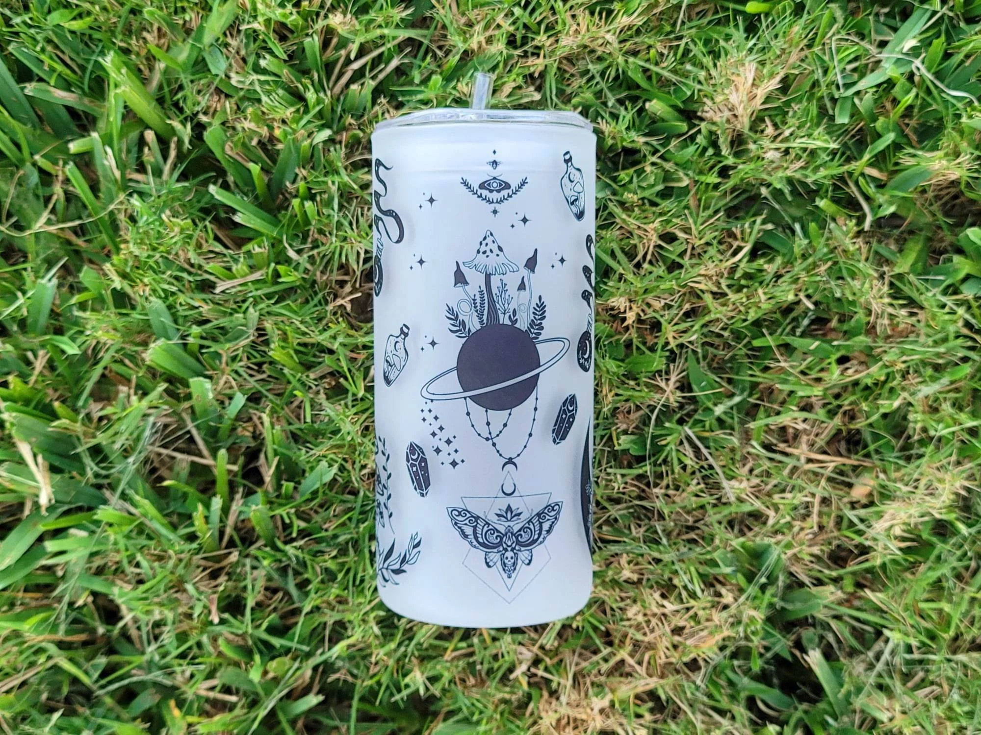 Mushroom Beer Can Glass | Boho Moth Coffee Glass | Aesthetic Coffee Glass | 20 oz