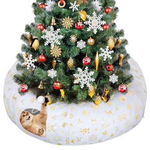 Cat Tunnel Christmas Tree Skirt - White & Golden Cat Donut Bed, Christmas Tree Protector from Cats, Xmas Cat Gifts Accessories