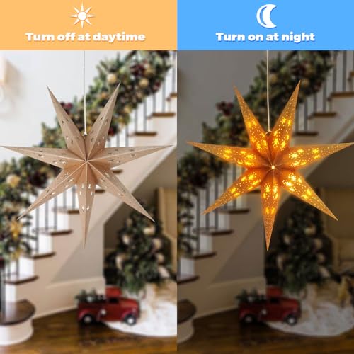 2 Pack 26.8 Inch Paper Star Lantern Christmas Decor with Timer, 3D 8 Modes 7-Pointed Star Diwali Hanging Lights, Christmas Decorations Lamp Indoor for Birthday Wedding Party (Champagne)