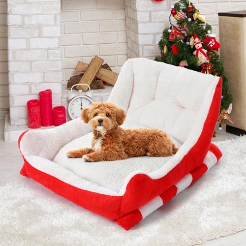 Christmas Dog Bed Pet Red Sleigh Cat Sofa with Plush Synthetic Fur, Washable Cozy Christmas Pet Bed for Small to Large Dogs Indoor Outdoor Use (Red White,24x15x11 Inch)