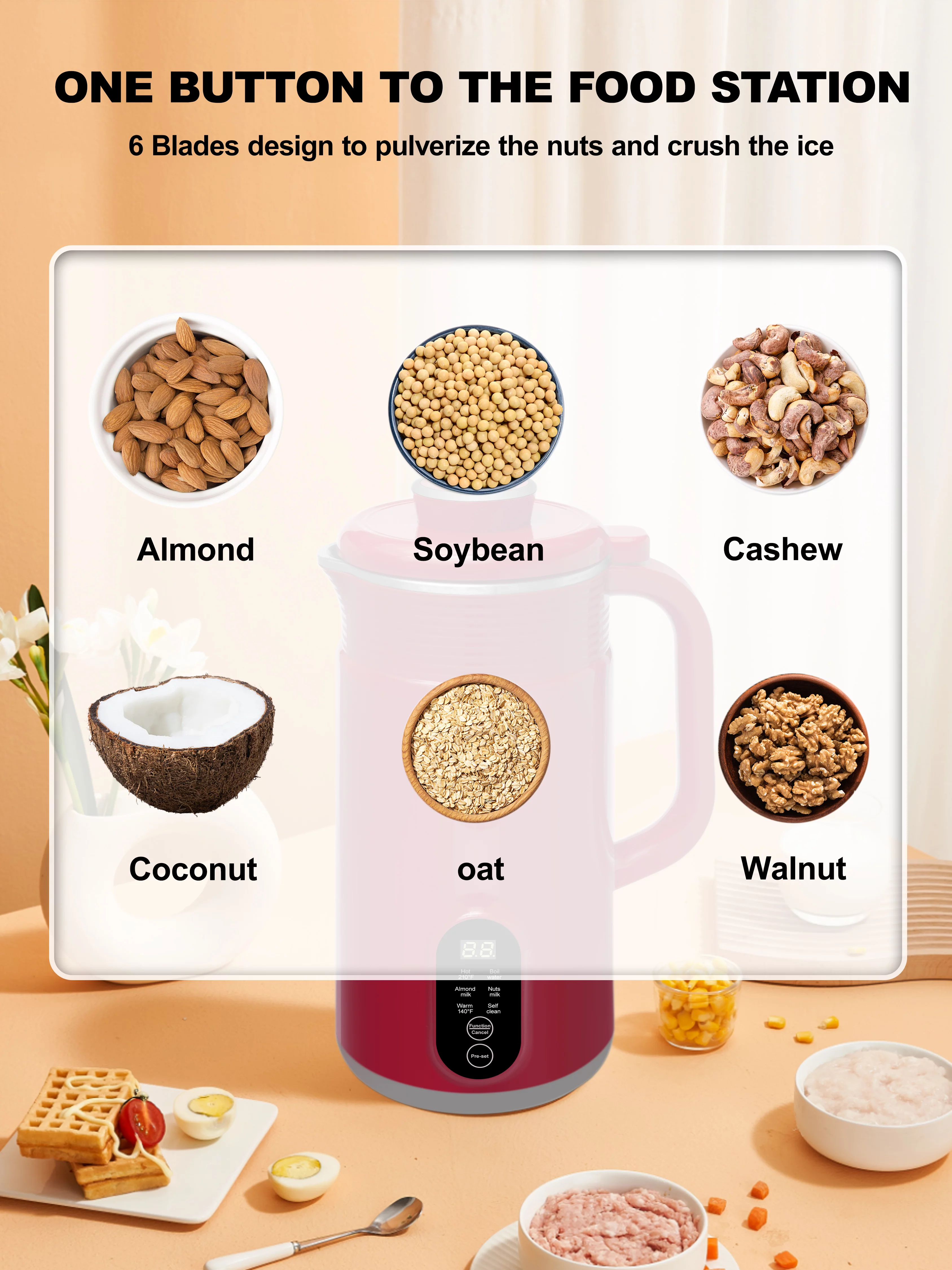 Geniuslix Automatic Vegan Nut Milk Maker Machine - Auto Clean & Temperature Control Plant Based Blender - Stainless Steel, Non-Dairy Beverages - Oat/Coconut/Soy/Cashew/Almond Milk Machine with Recipe