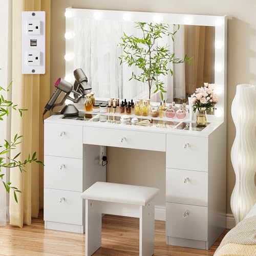 VOWNER Vanity with Lighted Mirror - Makeup Vanity Desk with Glass Top, 7 Drawers and Power Outlet, 3 Color Lighting Modes Adjustable Brightness, 44
